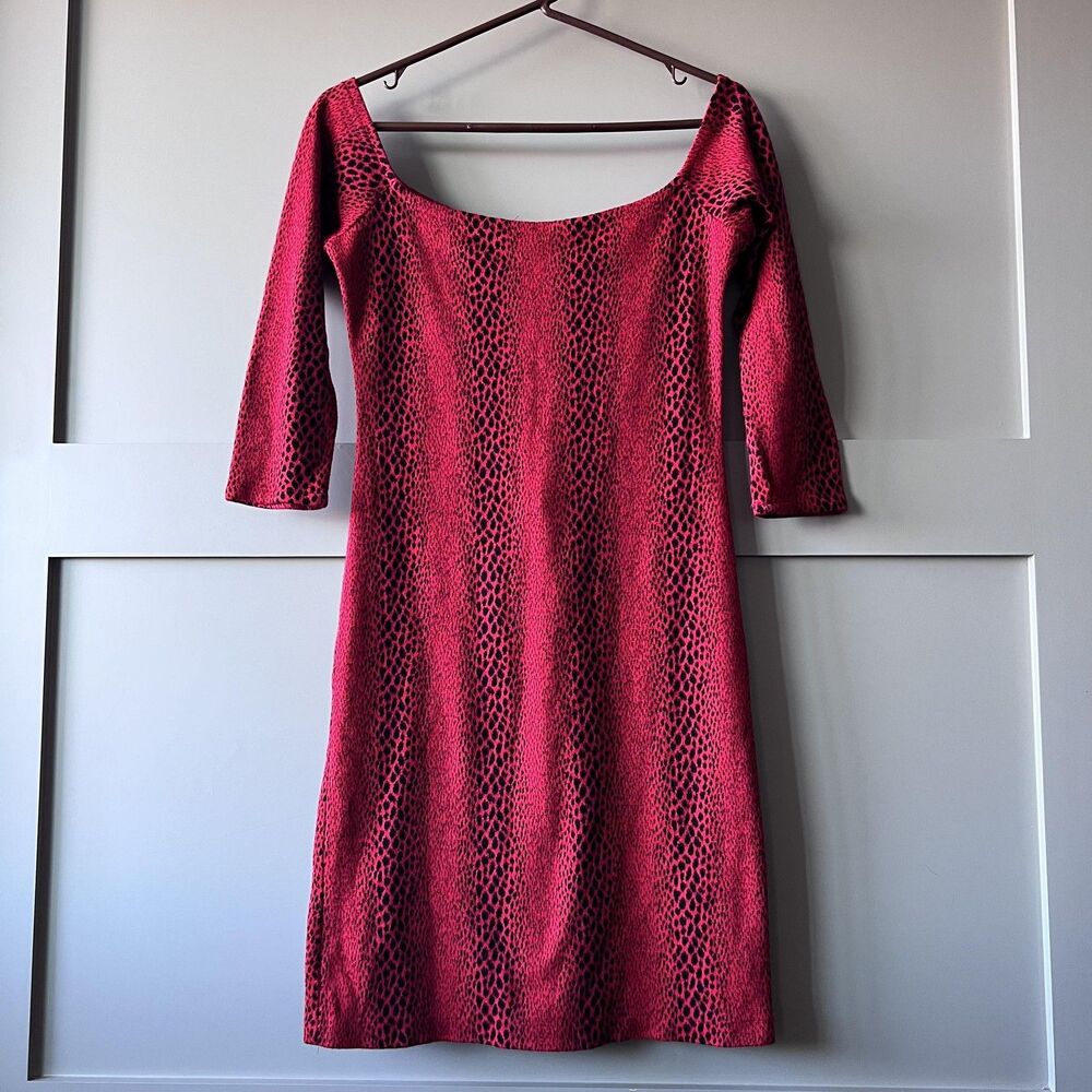 Vintage Jane M Clark Mini Dress‎ Womens Small Red Animal Print Knit Hawaii 80s